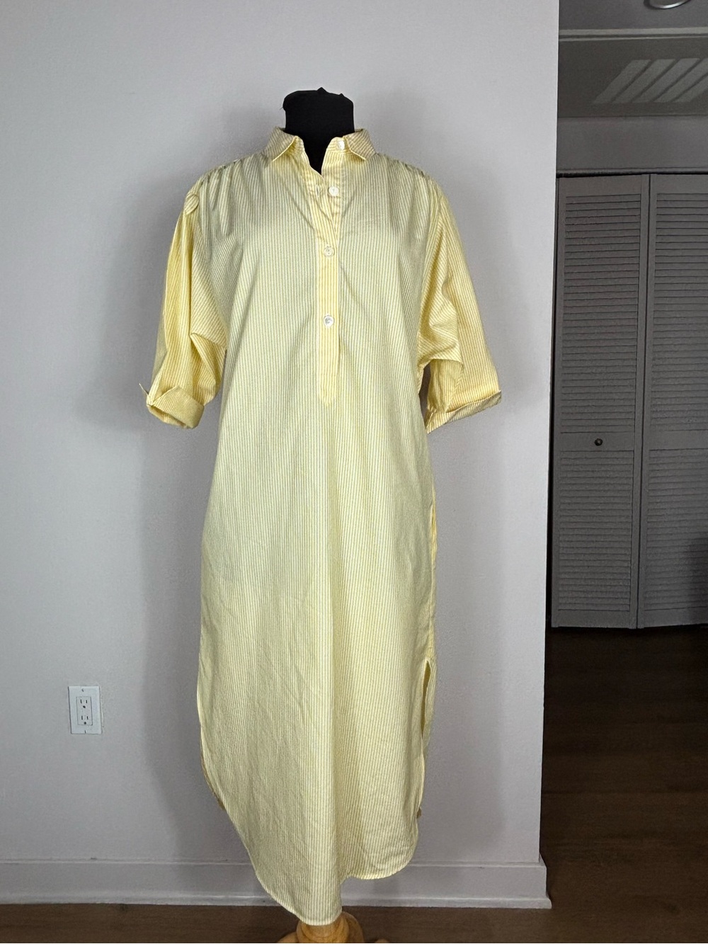 Entireworld Yellow Stripe Shirt Dress Women's Large Cotton Midi Oversized